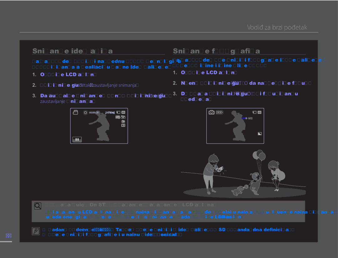 Samsung HMX-H300SP/EDC manual Vodič za brzi početak, Snimanje video zapisa, Snimanje fotografija 