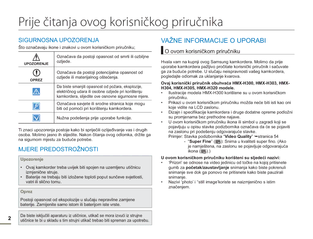 Samsung HMX-H300SP/EDC Prije čitanja ovog korisničkog priručnika, Važne Informacije O Uporabi, Ovom korisničkom priručniku 