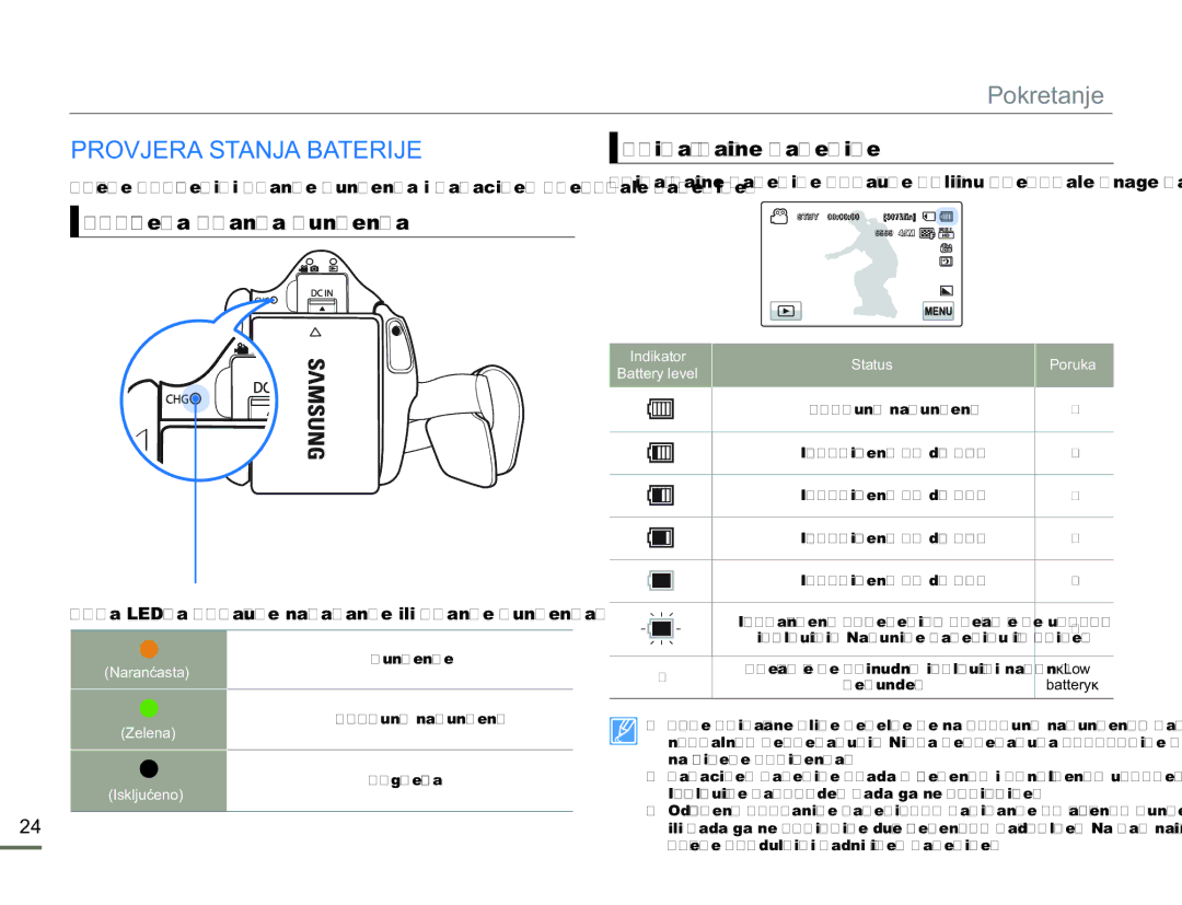 Samsung HMX-H300SP/EDC Prikaz razine baterije, Provjera stanja punjenja, Boja LED-a pokazuje napajanje ili stanje punjenja 