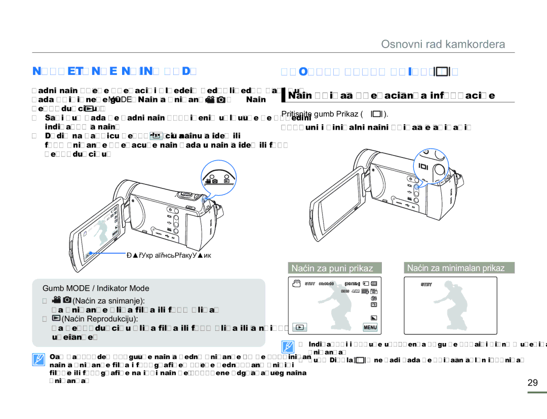 Samsung HMX-H300SP/EDC manual Namještanje Načina Rada, Uporaba Gumba Prikaz, Način prikaza prebacivanja informacije 