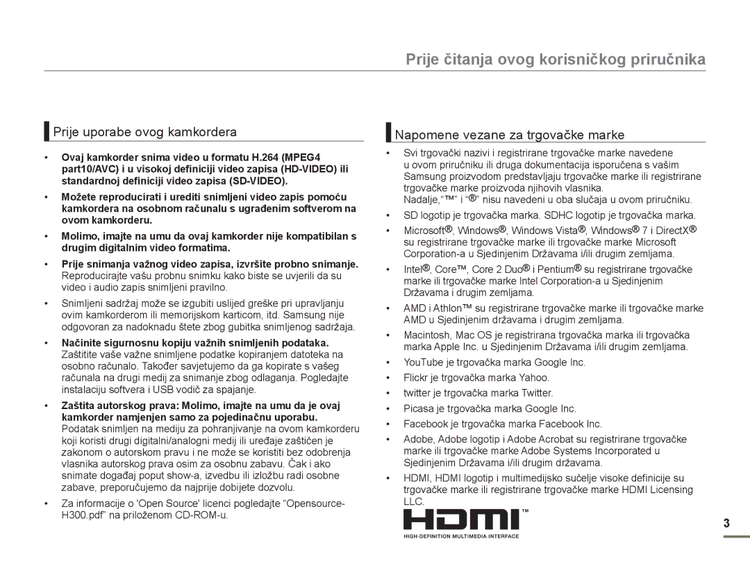 Samsung HMX-H300SP/EDC manual Prije čitanja ovog korisničkog priručnika 