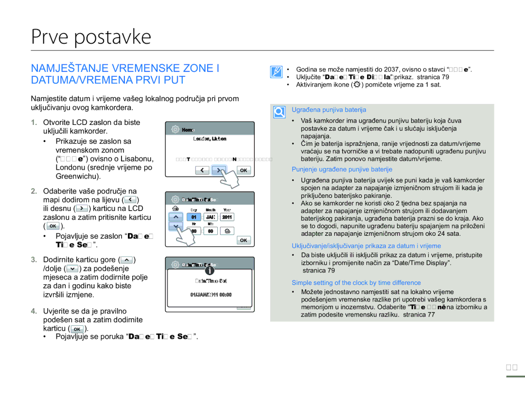 Samsung HMX-H300SP/EDC manual Prve postavke, Namještanje Vremenske Zone I DATUMA/VREMENA Prvi PUT 