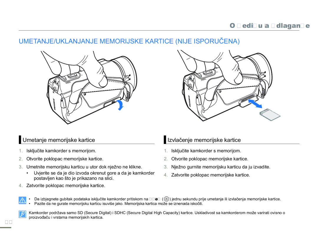 Samsung HMX-H300SP/EDC manual Mediju za odlaganje, UMETANJE/UKLANJANJE Memorijske Kartice Nije Isporučena 