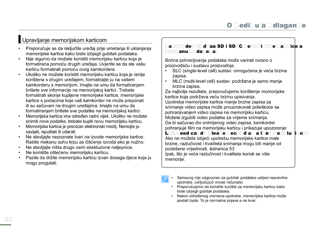 Samsung HMX-H300SP/EDC manual Upravljanje memorijskom karticom 