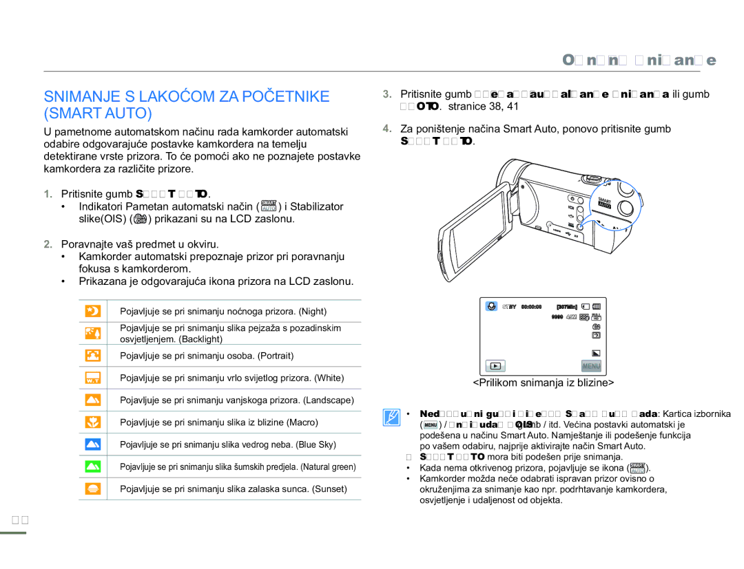 Samsung HMX-H300SP/EDC Snimanje S Lakoćom ZA Početnike Smart Auto, Za poništenje načina Smart Auto, ponovo pritisnite gumb 