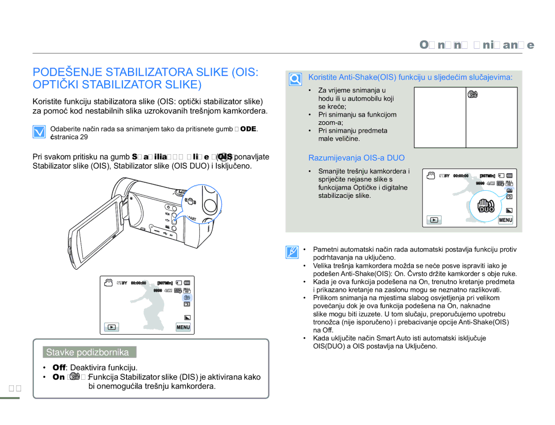 Samsung HMX-H300SP/EDC manual Podešenje Stabilizatora Slike OIS Optički Stabilizator Slike 