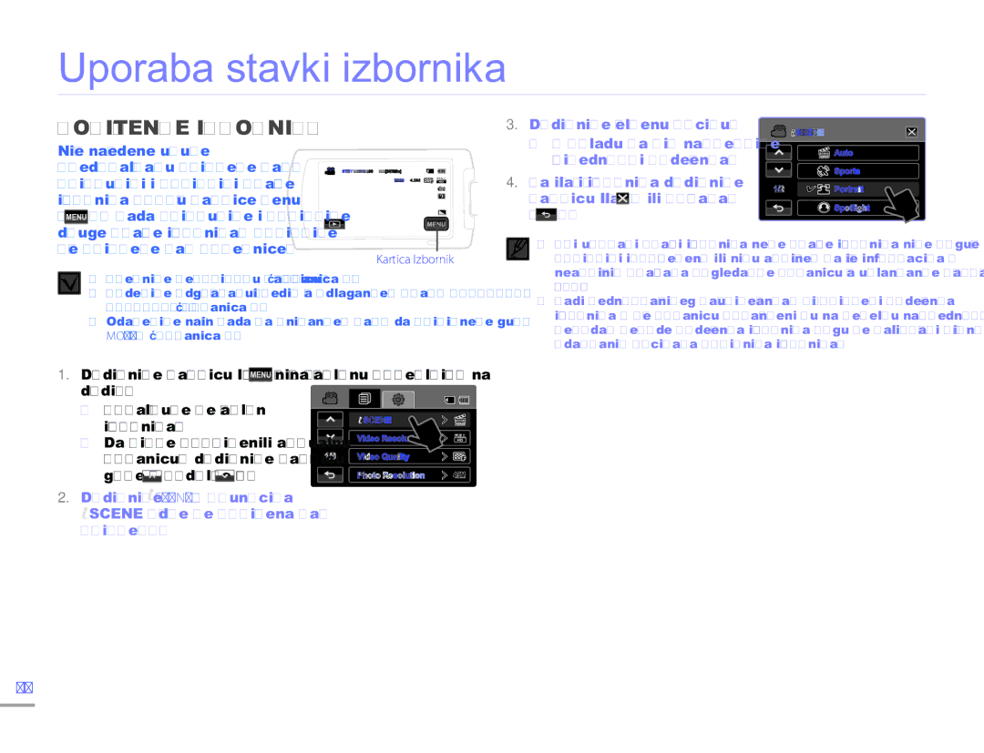 Samsung HMX-H300SP/EDC manual Uporaba stavki izbornika, Korištenje Izbornika, Ove primjere kao smjernice 