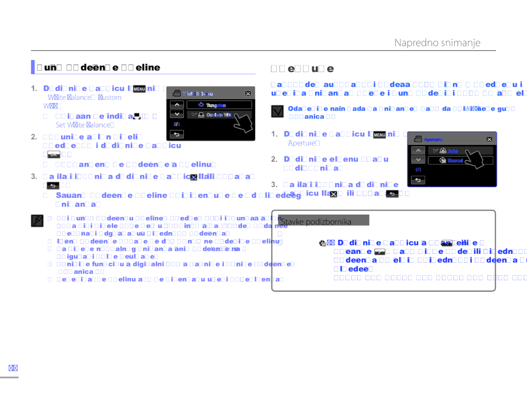 Samsung HMX-H300SP/EDC manual Aperture, Ručno podešenje bjeline, White Balance Custom, Set White Balance 