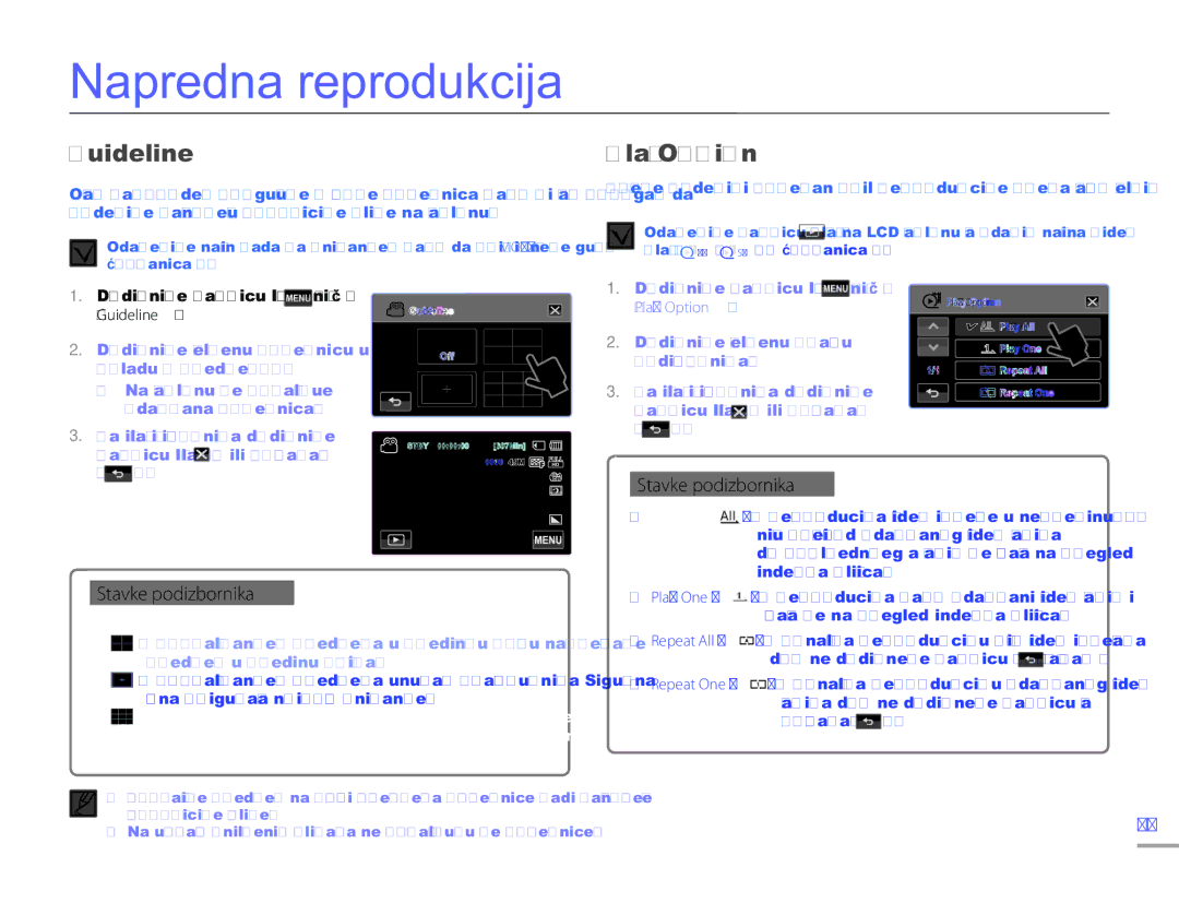 Samsung HMX-H300SP/EDC manual Napredna reprodukcija, Guideline, Dodirnite karticu Izbornik Play Option 