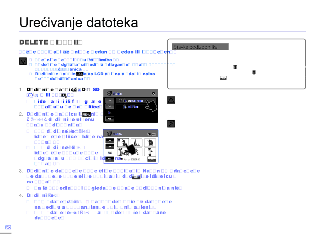 Samsung HMX-H300SP/EDC manual Uređivanje datoteka, Delete Izbriši 