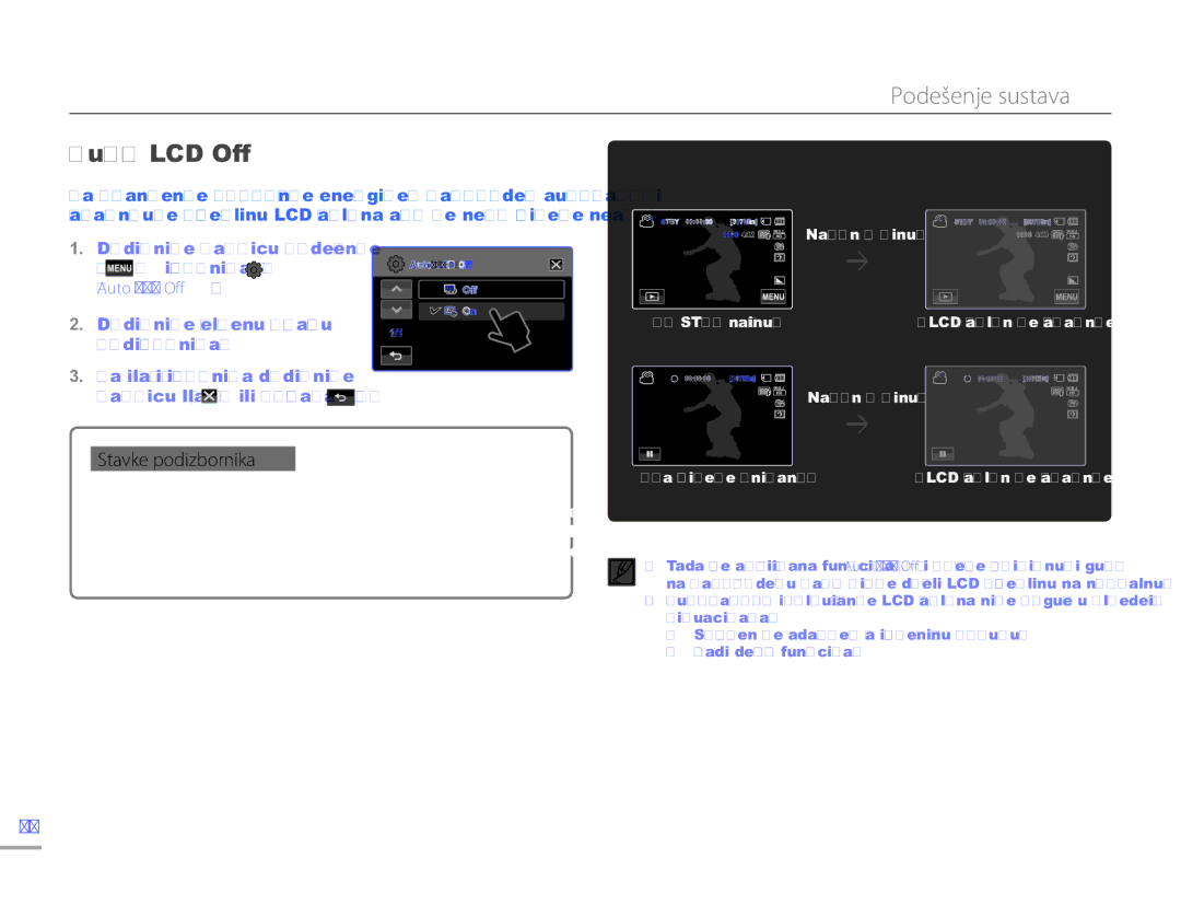 Samsung HMX-H300SP/EDC manual Dodirnite karticu Podešenje izbornika Auto LCD Off 