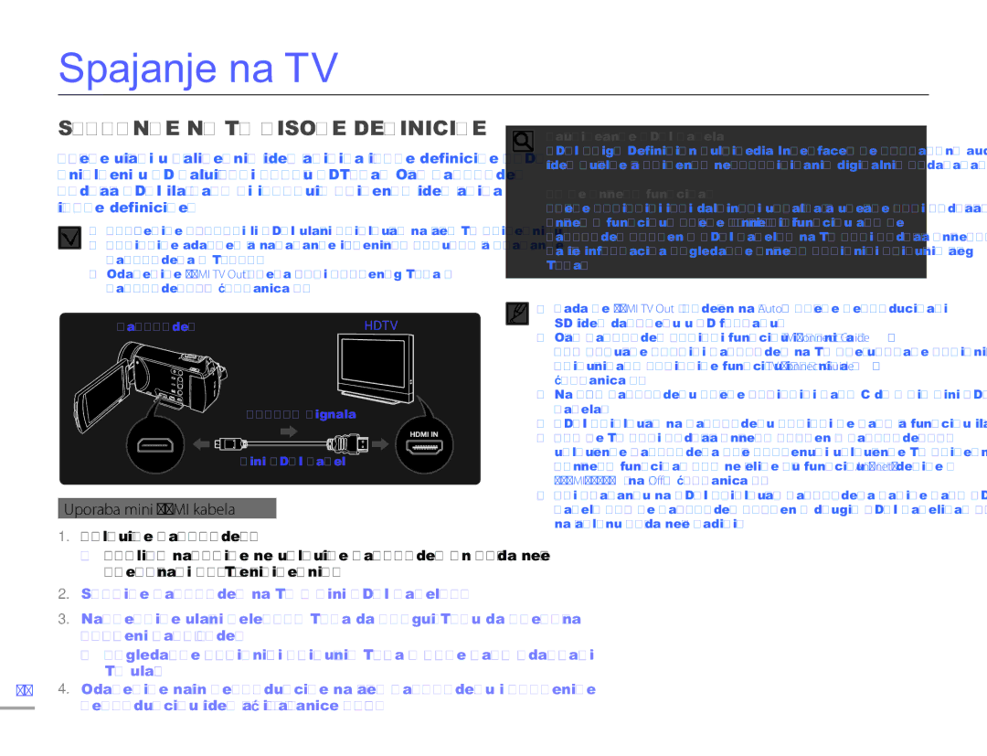 Samsung HMX-H300SP/EDC manual Spajanje na TV, Spajanje NA TV Visoke Definicije, Uporaba mini Hdmi kabela 