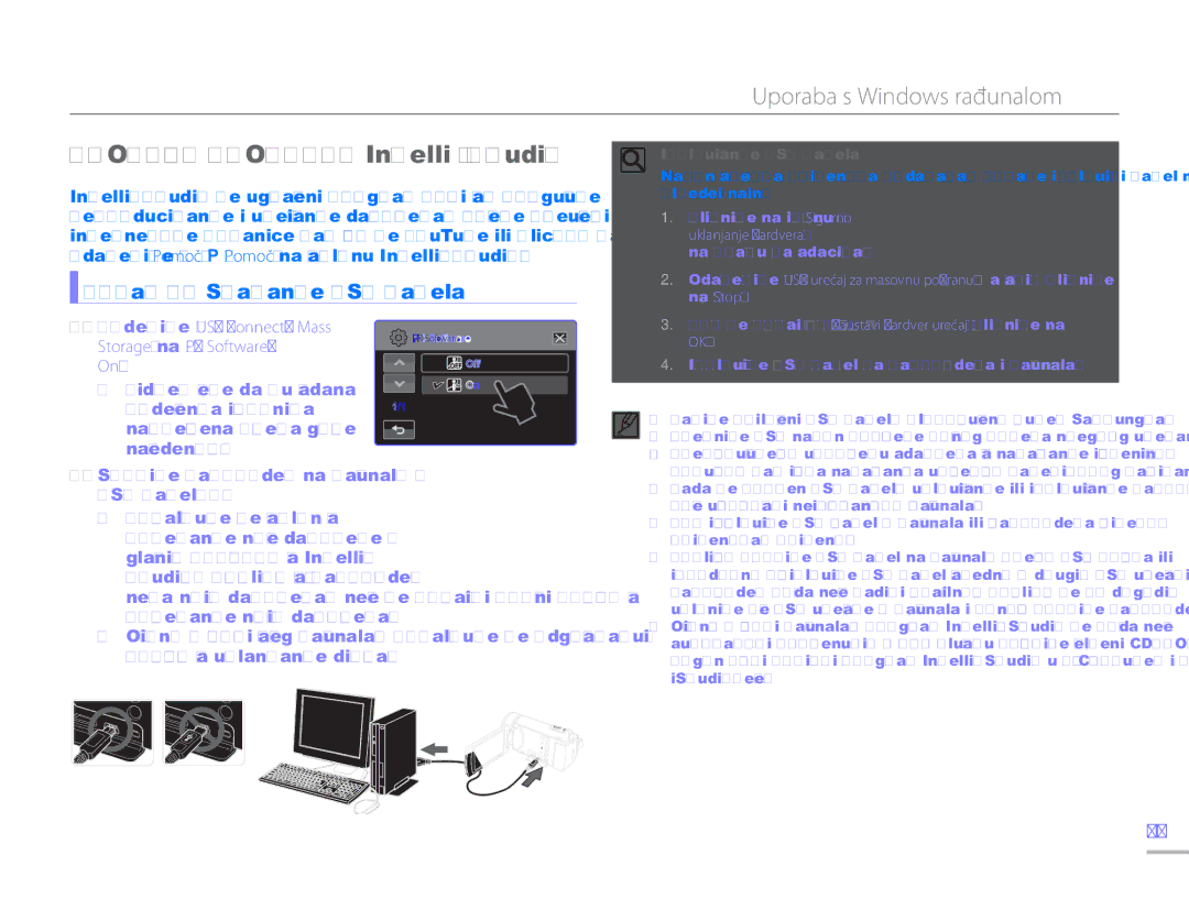 Samsung HMX-H300SP/EDC manual Uporaba s Windows računalom, Uporaba Programa Intelli studio, Korak 1. Spajanje USB kabela 