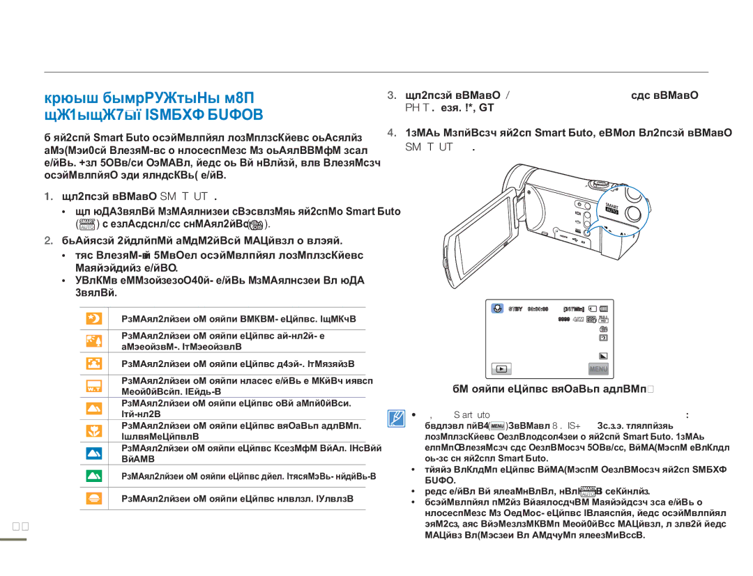 Samsung HMX-H304BP/EDC Режим Видеозаписи ДЛЯ Начинающих Smart Auto, Чтобы отменить режим Smart Auto, снова нажмите кнопку 