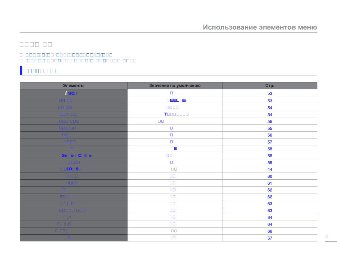 Samsung HMX-H300BP/XER, HMX-H304BP/EDC, HMX-H304BP/XER Использование элементов меню, Элементы Меню, Элементы меню записи 