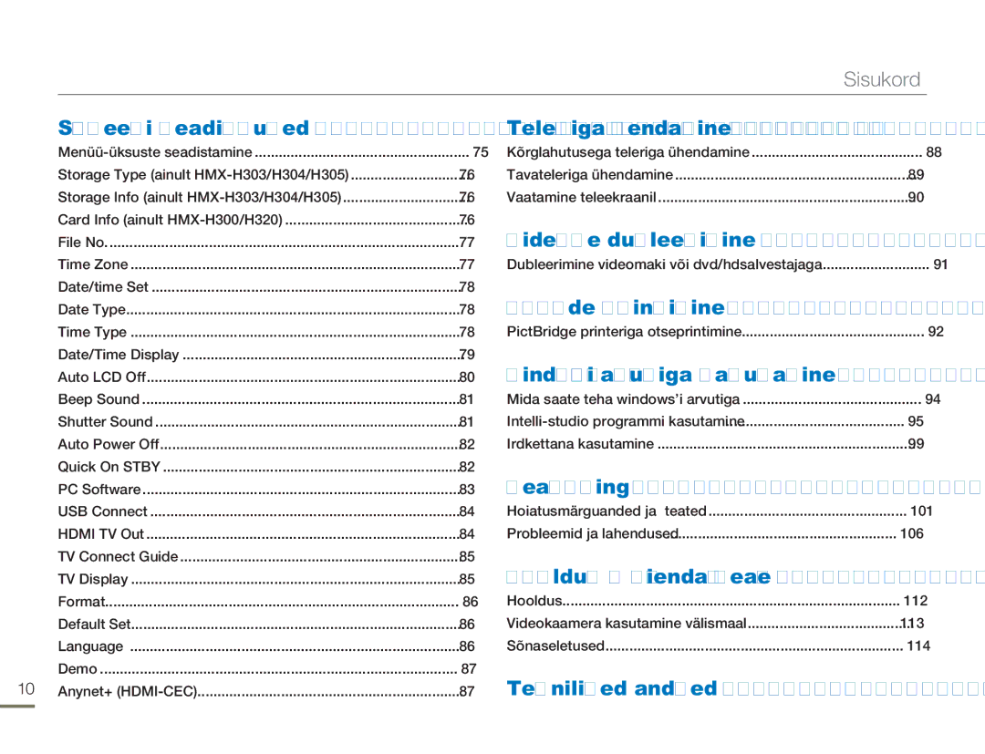 Samsung HMX-H304BP/EDC manual Teleriga ühendamine, 101, 112, 115 