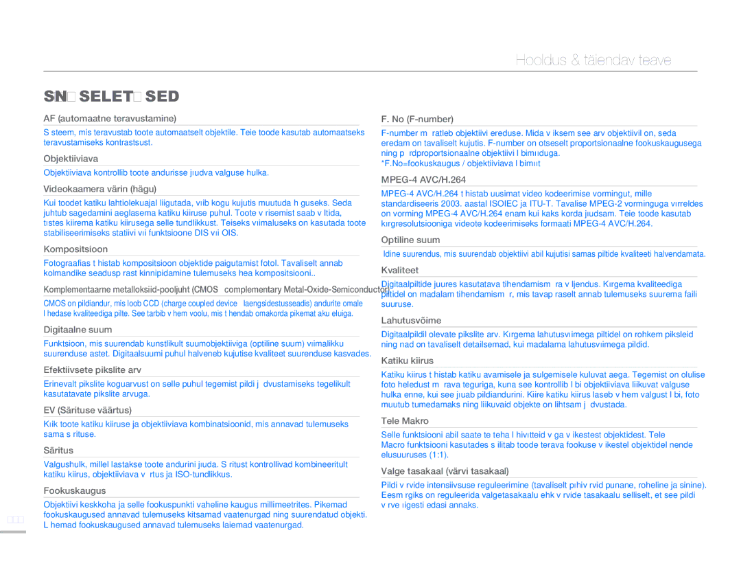 Samsung HMX-H304BP/EDC manual Sõnaseletused, AF automaatne teravustamine 