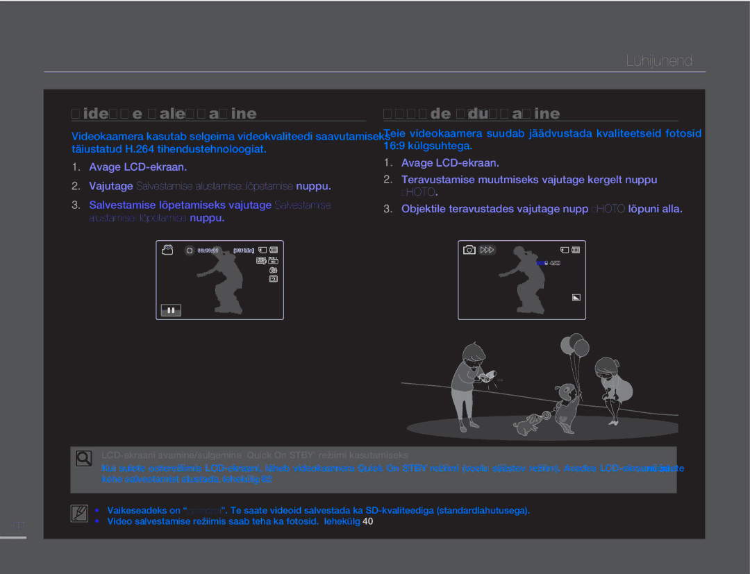 Samsung HMX-H304BP/EDC manual Lühijuhend, Videote salvestamine, Fotode jäädvustamine 