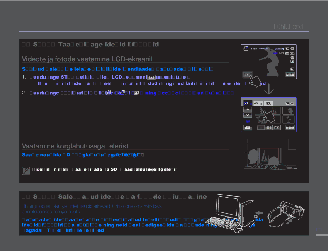 Samsung HMX-H304BP/EDC manual Videote ja fotode vaatamine LCD-ekraanil, Vaatamine kõrglahutusega telerist 