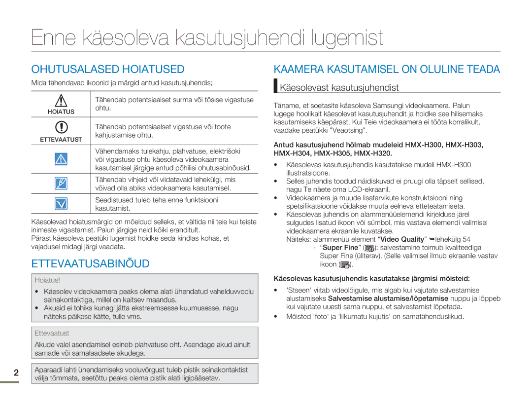 Samsung HMX-H304BP/EDC manual Enne käesoleva kasutusjuhendi lugemist, Ohutusalased Hoiatused, Ettevaatusabinõud 