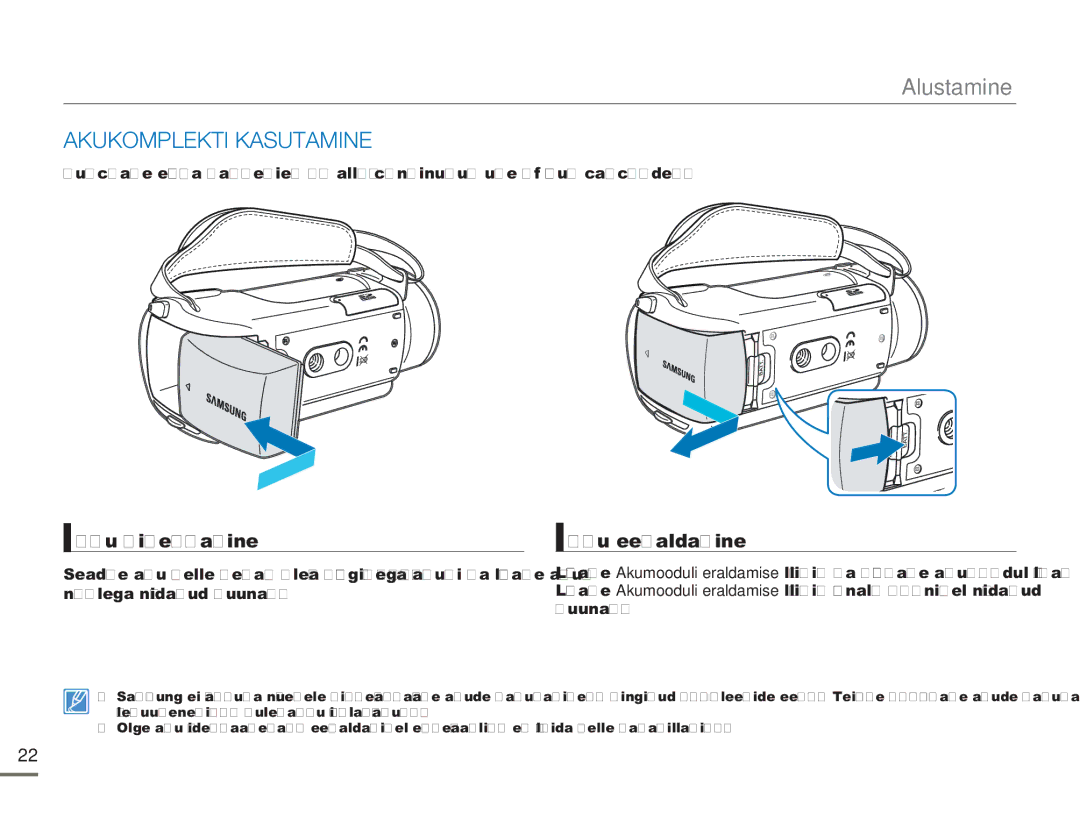 Samsung HMX-H304BP/EDC manual Alustamine, Akukomplekti Kasutamine, Aku sisestamine, Aku eemaldamine 