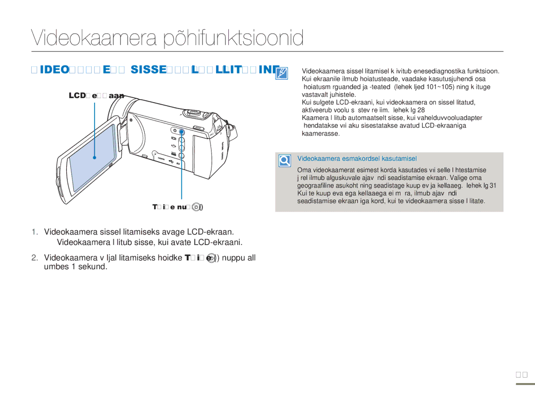 Samsung HMX-H304BP/EDC manual Videokaamera põhifunktsioonid, Videokaamera SISSE-/VÄLJALÜLITAMINE, LCD-ekraan 