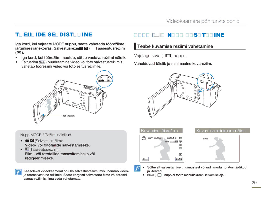 Samsung HMX-H304BP/EDC manual Töörežiimide Seadistamine, Kuva Nupu Kasutamine, Vahelduvad täielik ja minimaalne kuvarežiim 