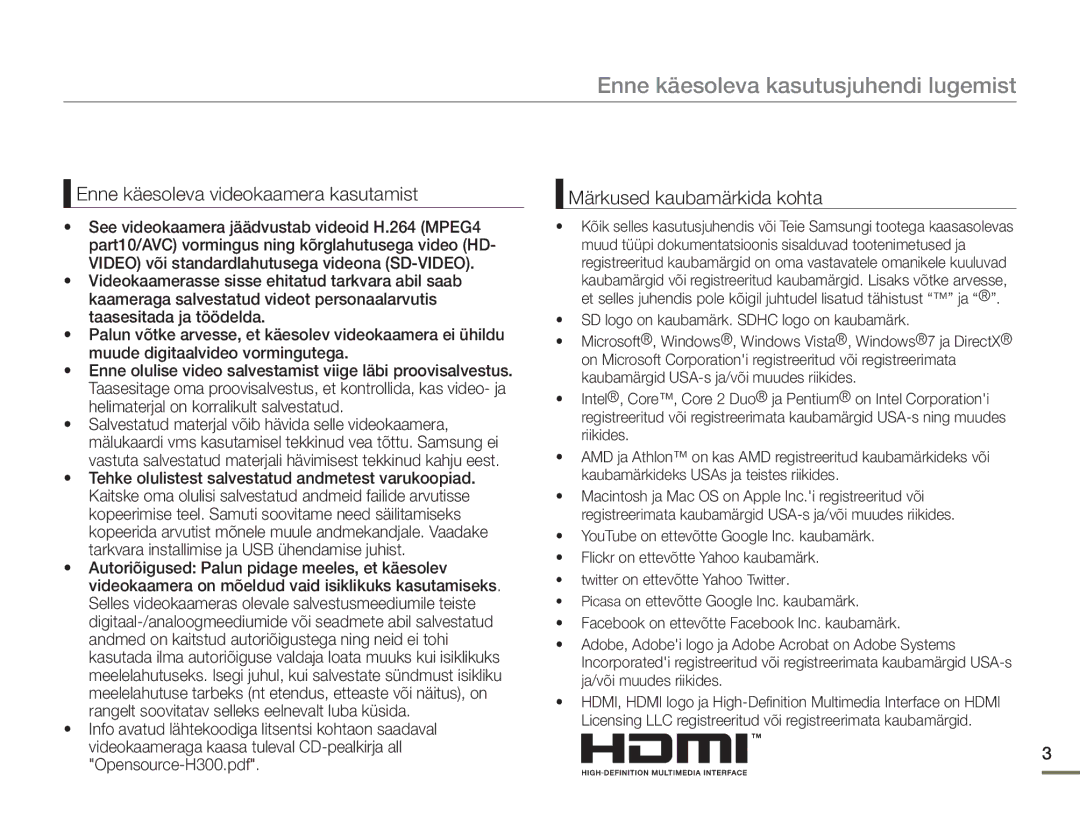 Samsung HMX-H304BP/EDC manual Enne käesoleva kasutusjuhendi lugemist 