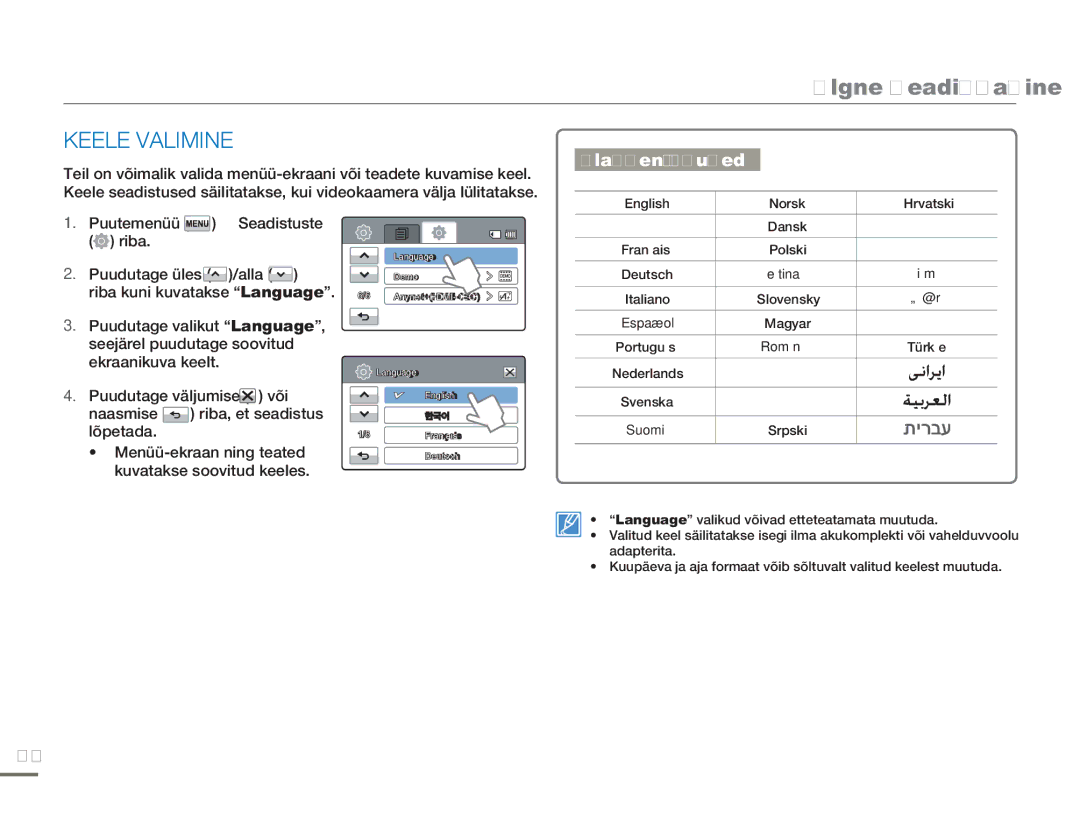 Samsung HMX-H304BP/EDC manual Algne seadistamine, Keele Valimine, Alammenüü üksused 