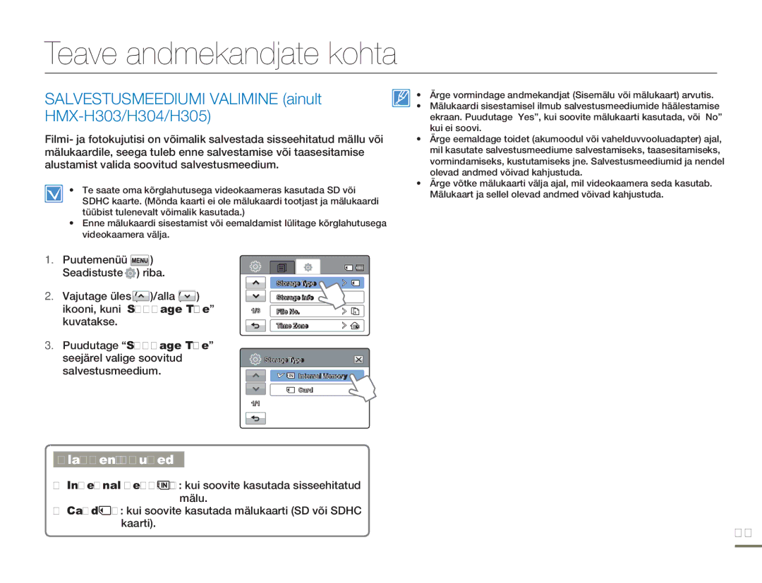 Samsung HMX-H304BP/EDC manual Teave andmekandjate kohta, Salvestusmeediumi Valimine ainult HMX-H303/H304/H305 