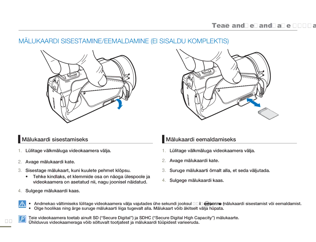 Samsung HMX-H304BP/EDC manual Teave andmekandjate kohta, Mälukaardi SISESTAMINE/EEMALDAMINE EI Sisaldu Komplektis 