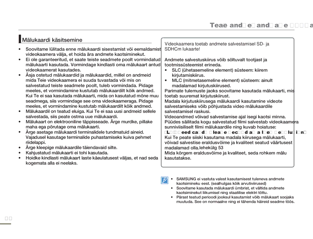 Samsung HMX-H304BP/EDC manual Mälukaardi käsitsemine 
