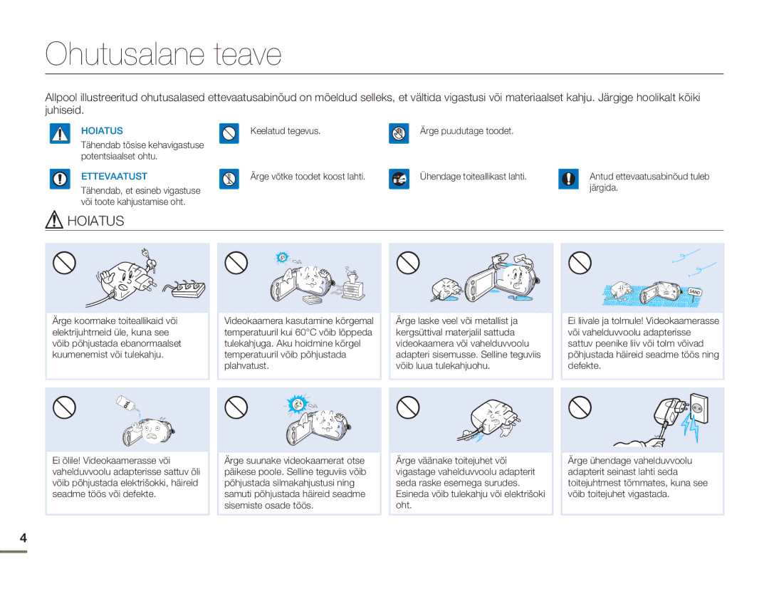 Samsung HMX-H304BP/EDC manual Ohutusalane teave, Ettevaatust 