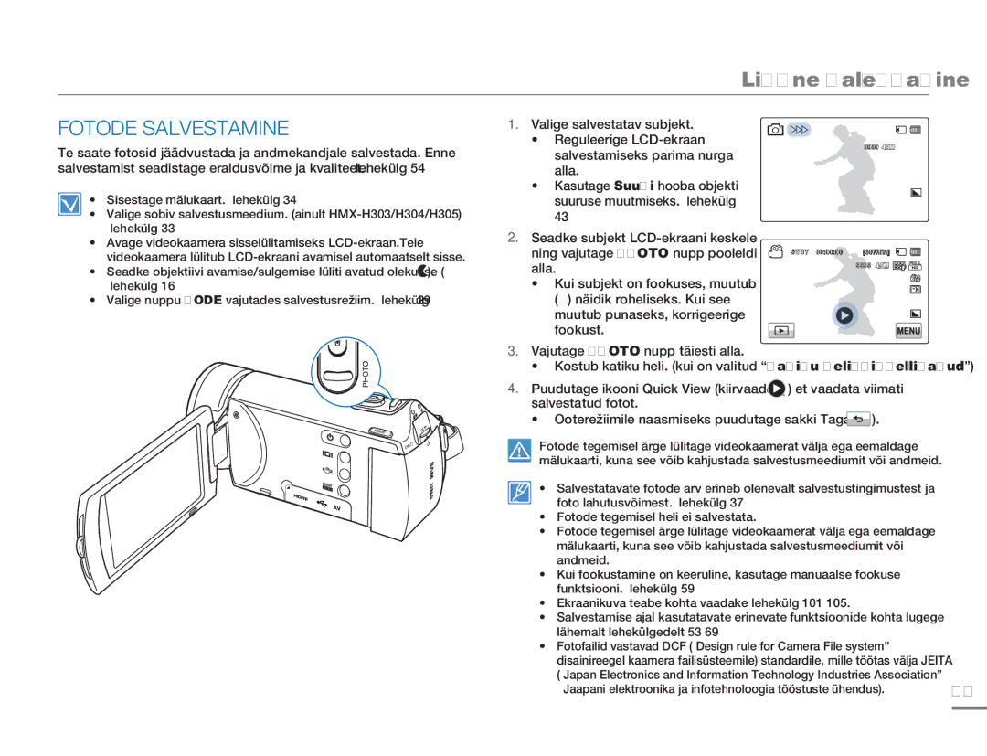 Samsung HMX-H304BP/EDC manual Fotode Salvestamine 