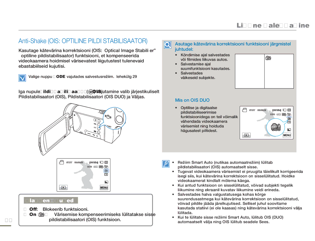 Samsung HMX-H304BP/EDC manual Anti-Shake OIS Optiline Pildi Stabilisaator, Mis on OIS DUO 