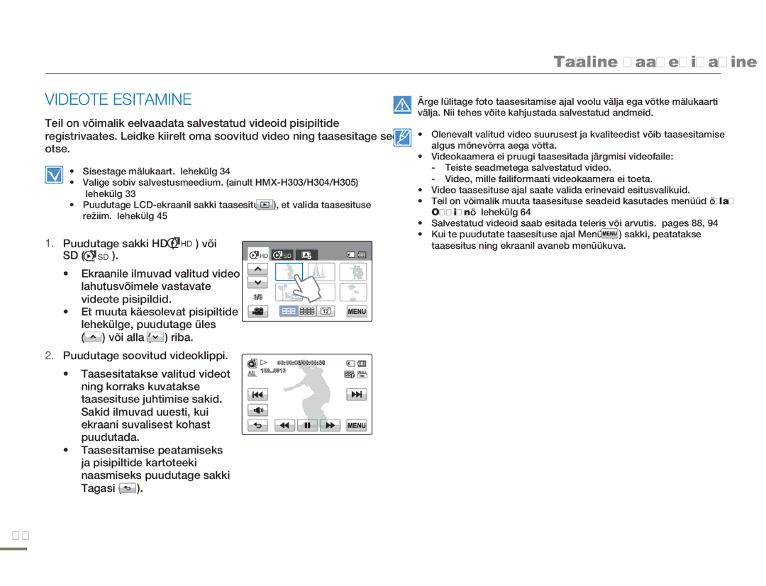 Samsung HMX-H304BP/EDC manual Tavaline taasesitamine, Videote Esitamine, Tagasi 