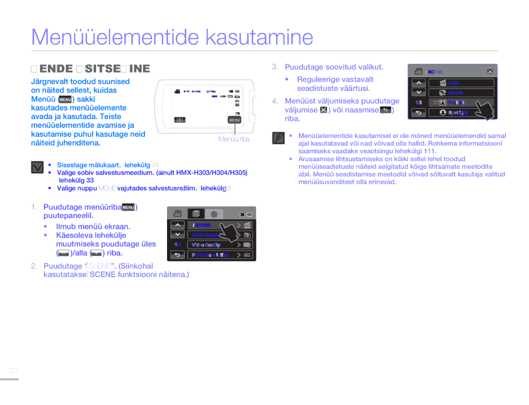 Samsung HMX-H304BP/EDC manual Menüüelementide kasutamine, Menüüde Käsitsemine 