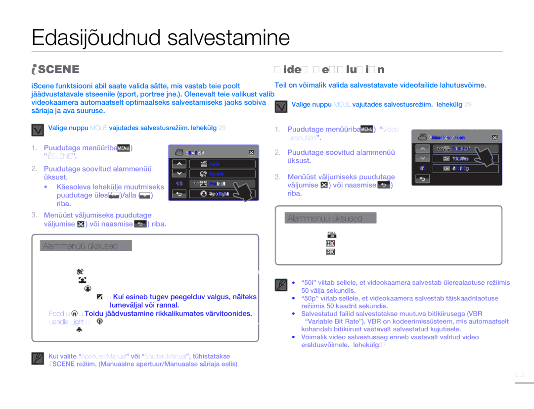 Samsung HMX-H304BP/EDC manual Edasijõudnud salvestamine, Scene, Video Resolution 