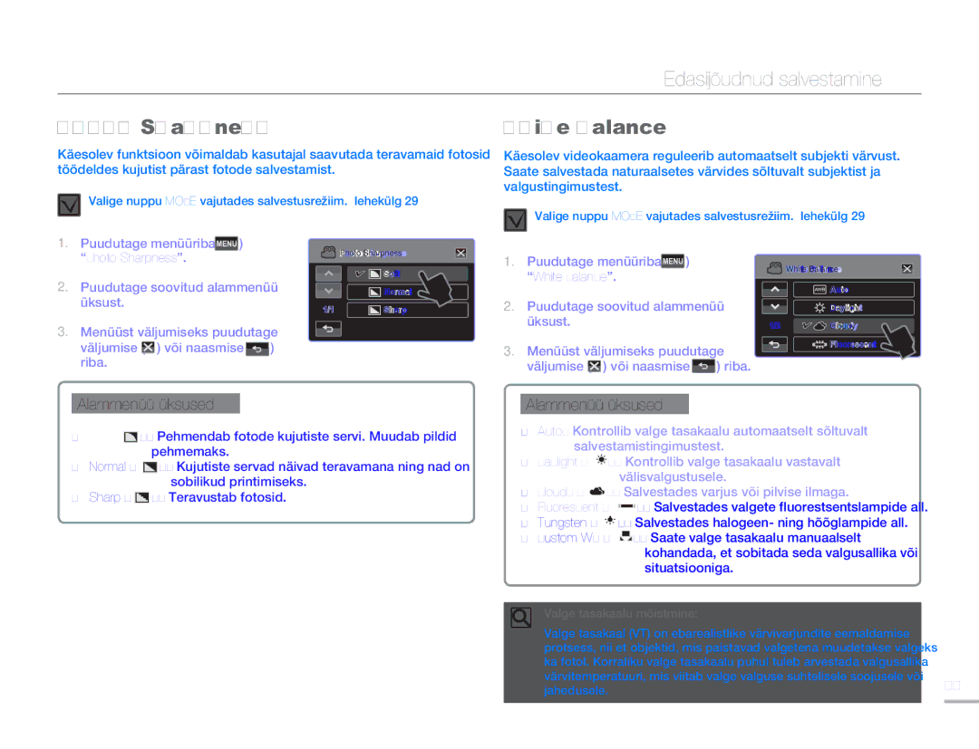 Samsung HMX-H304BP/EDC manual Photo Sharpness, White Balance 