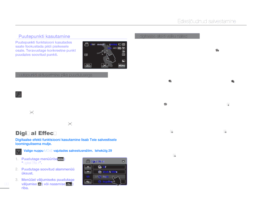 Samsung HMX-H304BP/EDC manual Digital Effect, Puutepunkti kasutamine, Puutepunkti aktiveerimine pika puudutusega 