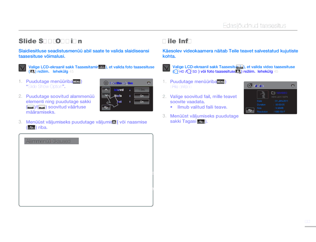 Samsung HMX-H304BP/EDC manual Slide Show Option File Info, Soovitud väärtuse 