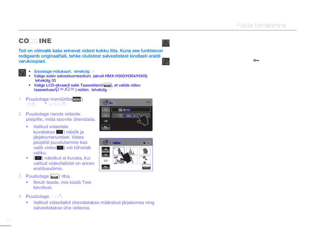 Samsung HMX-H304BP/EDC manual Puudutage menüüriba Edit Combine, Valitud videotele 