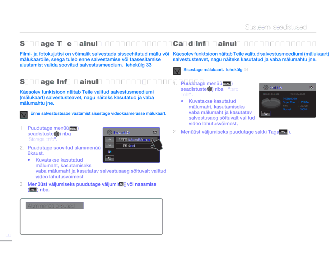Samsung HMX-H304BP/EDC manual Süsteemi seadistused, Storage Type ainult HMX-H303/H304/H305, Card Info ainult HMX-H300/H320 