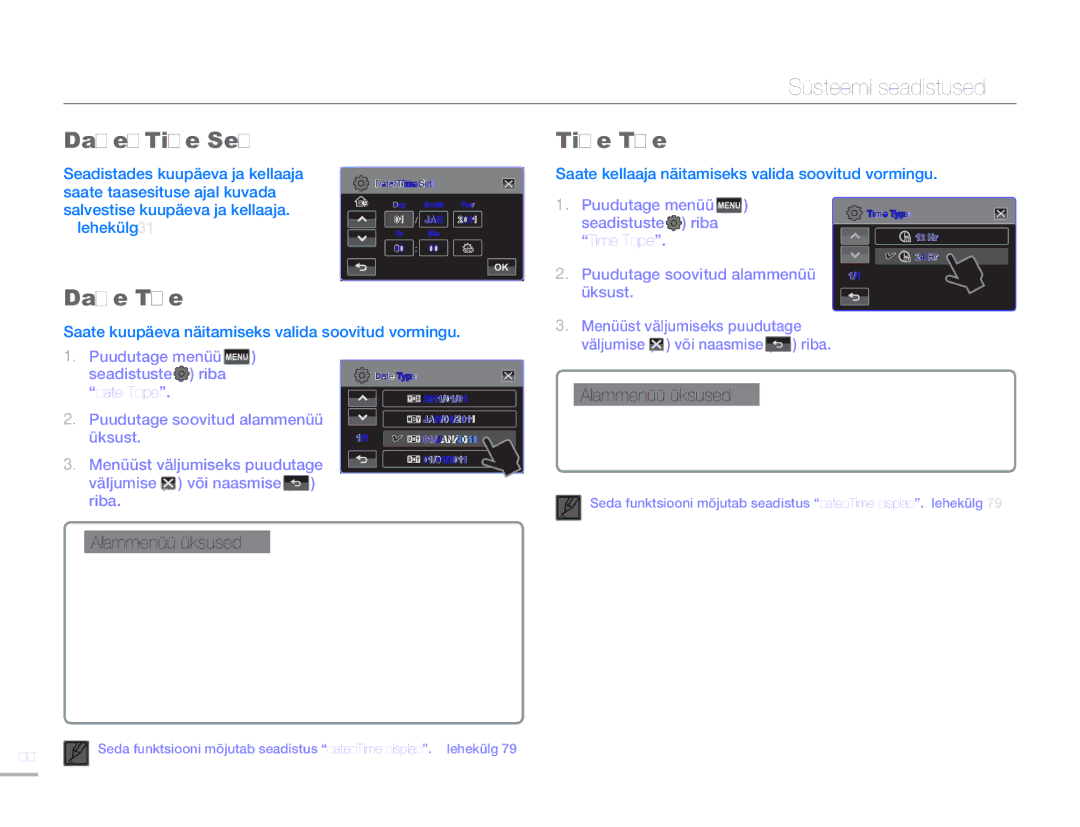 Samsung HMX-H304BP/EDC manual Date/Time Set, Date Type, Seadistuste riba Time Type 