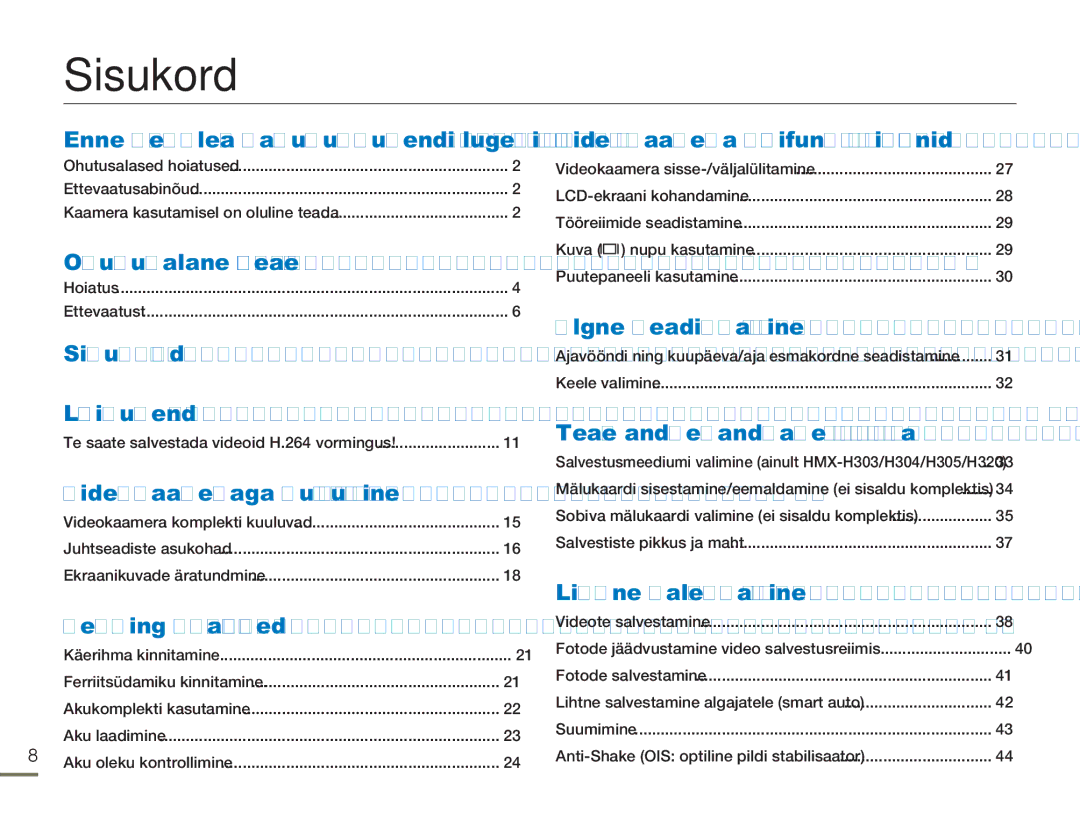 Samsung HMX-H304BP/EDC manual Sisukord 