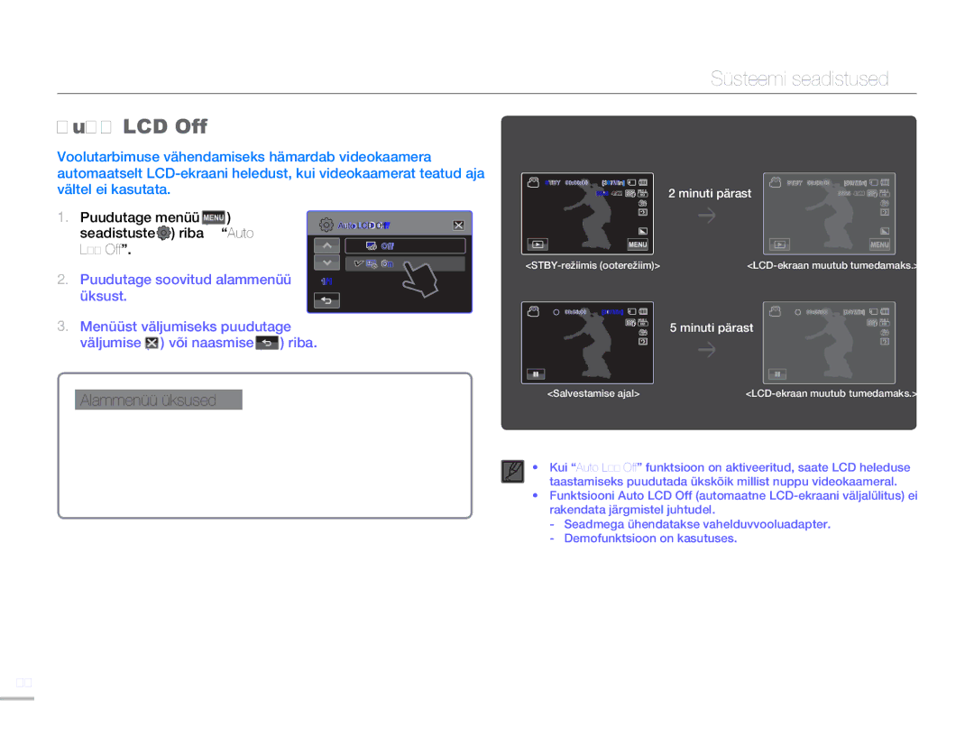 Samsung HMX-H304BP/EDC manual Auto LCD Off, Seadistuste riba Auto 