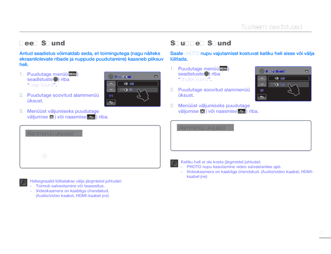 Samsung HMX-H304BP/EDC manual Seadistuste riba Beep Sound, Seadistuste riba Shutter Sound 