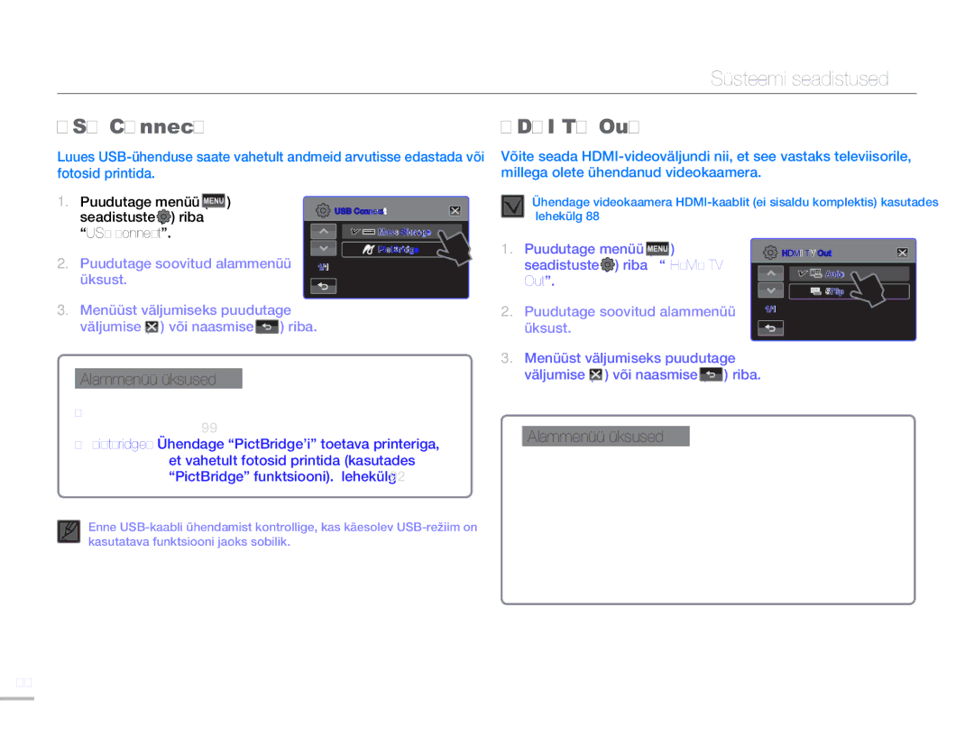 Samsung HMX-H304BP/EDC manual USB Connect, Hdmi TV Out, Seadistuste riba Hdmi TV 