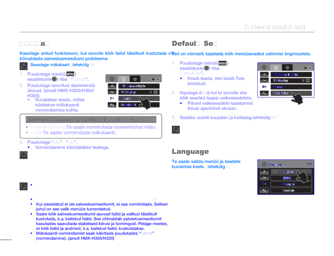 Samsung HMX-H304BP/EDC manual Format Default Set, Language, Alammenüü üksused ainult HMX-H303/H304/H305 