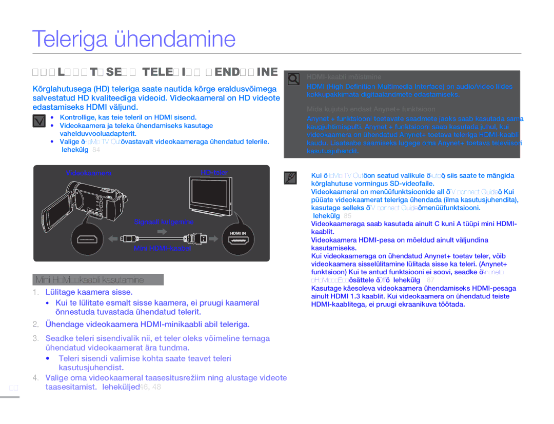 Samsung HMX-H304BP/EDC manual Teleriga ühendamine, Kõrglahutusega Teleriga Ühendamine, Mini HDMI-kaabli kasutamine 